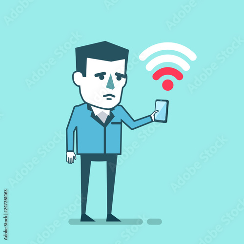 Sad businessman with smartphone has slow internet connection. Bad, weak internet connectivity. Simple style vector illustration