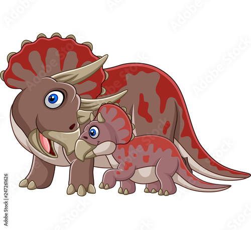 Cartoon triceratops with her baby