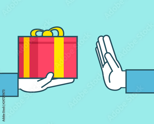 Hand gives gift box, shows stop gesture. Expensive present, decline gift, stop corruption concept. Simple style vector illustration