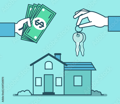 Hand holds keys and money over the house. Sell, buy, rent apartments, house concept. Real estate agency. Simple style vector illustration