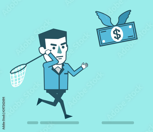 Businessman with net chases flying money. Money pursuit concept. Simple style vector illustration