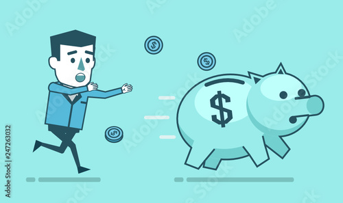 Funny businessman chases running away piggy bank. Financial loss, stop saving money concept. Simple style vector illustration