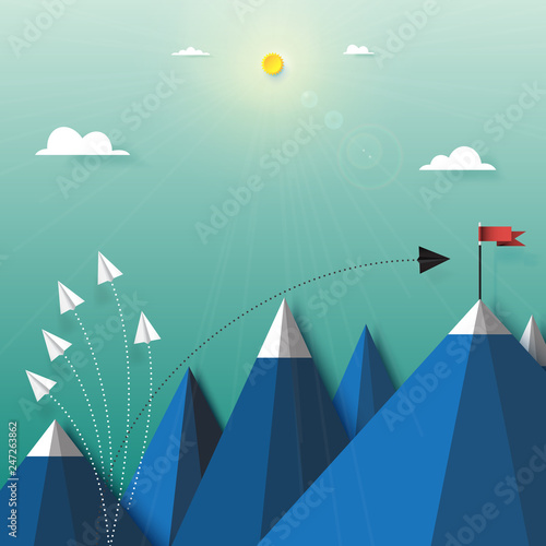 Paper art style of business teamwork and one different vision creative concept idea.Paper airplanes flying to red flag on the peak of the mountains.Vector illustration