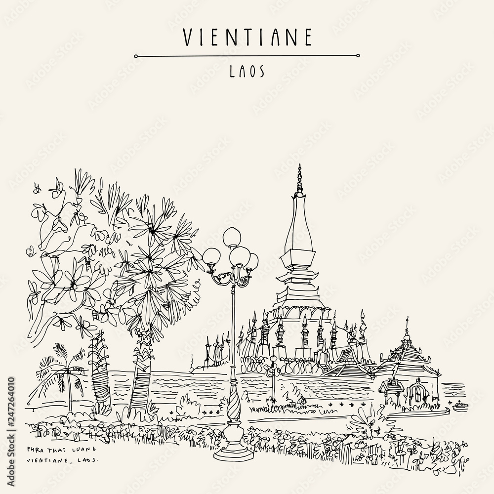 Vientiane, Laos, Southeast Asia. Vintage hand drawn touristic postcard in vector