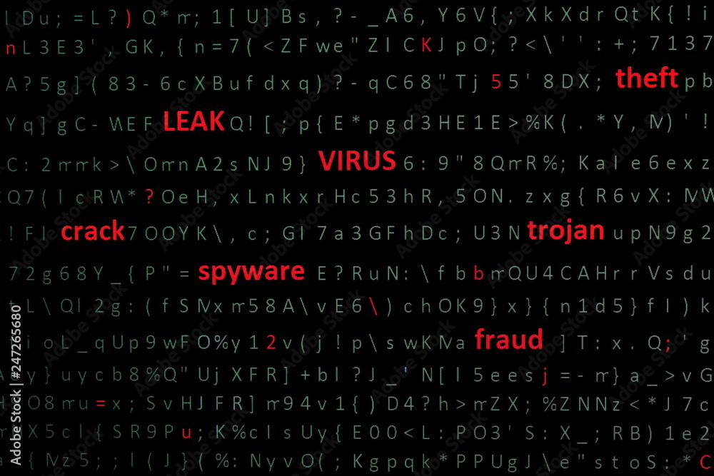 on screen of pc monitor string of words leak, virus, crack, spyware, Trojan, fraud denoting types of computer and network threats highlighting in red font among chaotic set of computer green symbols on screen of pc monitor string of words leak, virus, crack, spyware, Trojan, fraud denoting types of computer and network threats highlighting in red font among chaotic set of computer green symbols