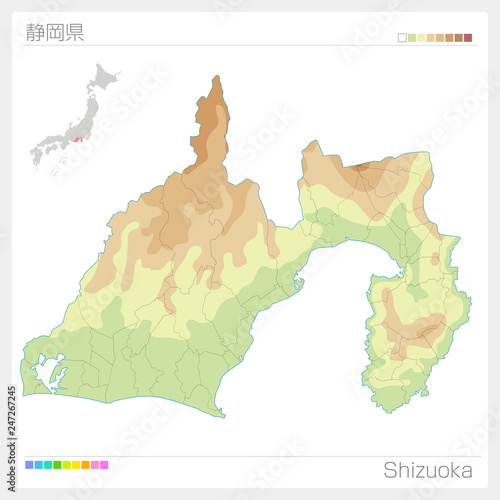 静岡県の地図（等高線・色分け）