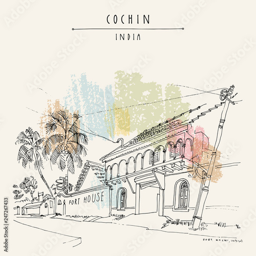 Cochin (Kochi), Kerala, South India. Fort House. Heritage colonial building, palm trees. Historical landmark