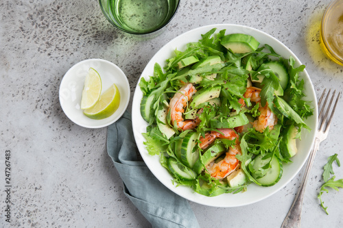 healthy avocado and prawn salad in white  bowl