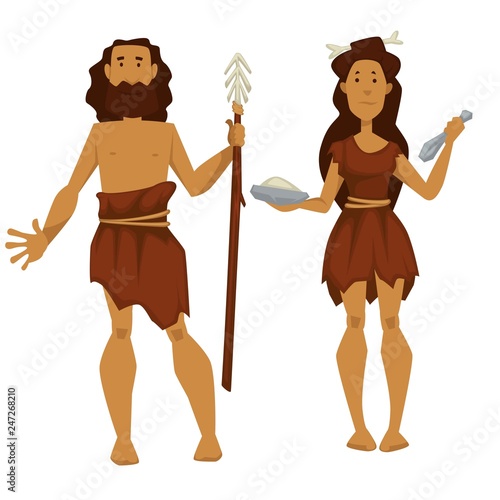 Stone age primitive man and woman with spare and tools