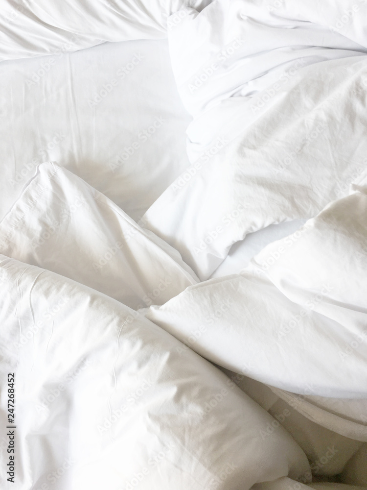 White Pillow On Bed And With Wrinkle Messy Blanket In Bedroom, From Sleeping In A Long Night Winter White Pillow On Bed And With Wrinkle Messy Blanket In Bedroom, From Sleeping In A Long Night Winter