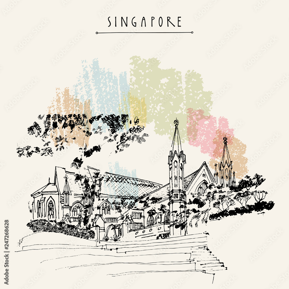 Fototapeta premium Singapore vintage hand drawn travel postcard