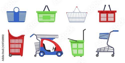 Shopping carts and baskets supermarket accessories isolated objects