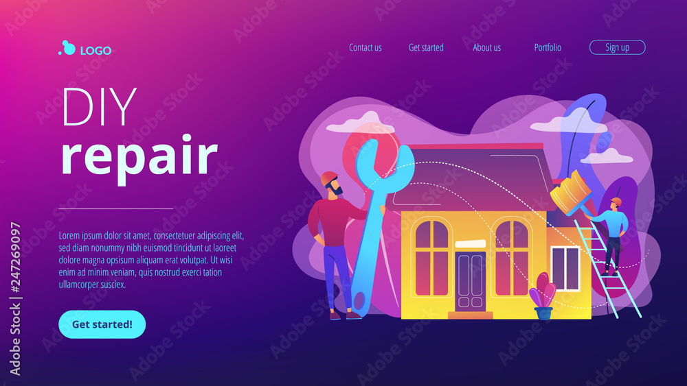 Handyman with big wrench repairing house and painting with paintbrush. DIY repair, do it yourself service, self-service learning concept. Website vibrant violet landing web page template. Handyman with big wrench repairing house and painting with paintbrush. DIY repair, do it yourself service, self-service learning concept. Website vibrant violet landing web page template.