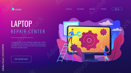 Computer technician with wrench repairing computer screen with gears. Computer service, laptop repair center, notebook setup service concept. Website vibrant violet landing web page template.