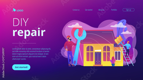 Handyman with big wrench repairing house and painting with paintbrush. DIY repair, do it yourself service, self-service learning concept. Website vibrant violet landing web page template.