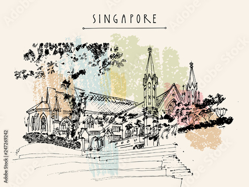 Photography Singapore vintage hand drawn travel postcard