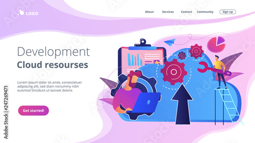 Developer working on laptop with cloud data. Computing applications, developing cloud system, cloud resourses solving business problems concept, violet palette. Website landing web page template.
