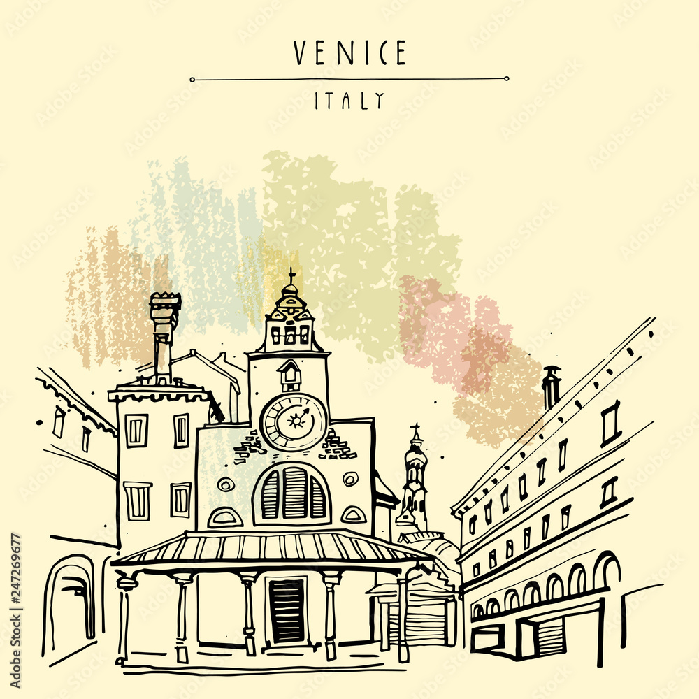 San Giacomo church in Venice, Italy. Hand drawn postcard
