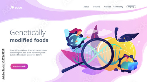Scientists working with magnifier and apple DNA. Genetically modified foods, GM foods and genetically engineered foods concept on white background. Website vibrant violet landing web page template.
