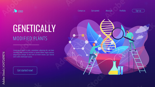 Scientists with magnifier looking at huge DNA in the pot. Genetically modified plants, GM crops and biotech crops concept on white background. Website vibrant violet landing web page template.