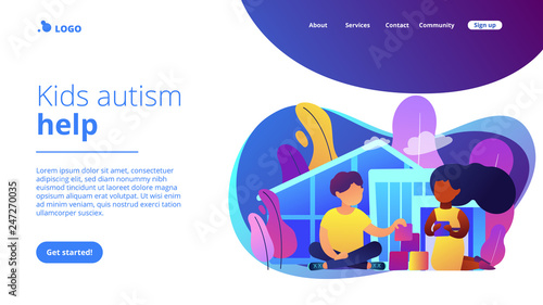 Children play in center giving information about treatment of ASD. Autism center, treatment of autism spectrum disorder, kids autism help concept. Website vibrant violet landing web page template.