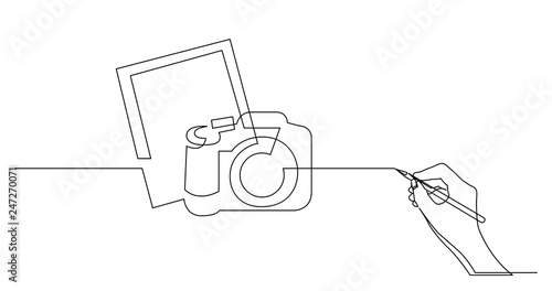 hand drawing business concept sketch of photo camera and pictures