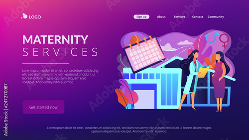 Doctor provides health services to pregnant woman and during labour. Maternity services, maternal perinatal health, pregnancy and birth care concept. Website vibrant violet landing web page template.