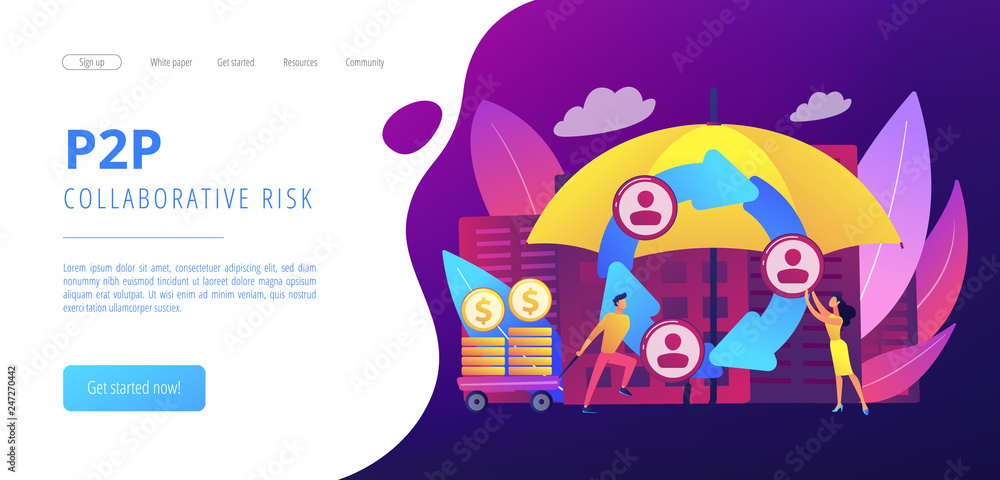 Individuals pool their premiums together to insure against a risk. Peer-to-Peer insurance, P2P collaborative risk, new social insurance concept. Website vibrant violet landing web page template.
