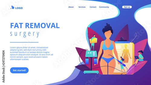 Plastic surgeon with a suction tube doing liposuction of woman marked body parts. Liposuction, lipo procedure, fat removal surgery concept. Website vibrant violet landing web page template.