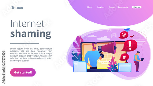 Target individual with laptop attacked online by user with megaphone. Internet shaming, online harassment, cyber crime action concept. Website vibrant violet landing web page template.