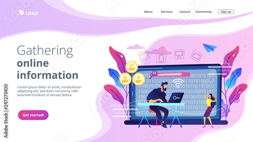Hacker gathering target individuals sensitive data and making it public. Doxing, gathering online information, hacking exploit result concept. Website vibrant violet landing web page template.