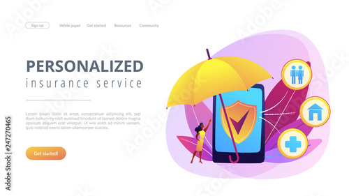 Customer getting insurance coverage and protection using smartphone. On-demand insurance, online policy, personalized isurance service concept. Website vibrant violet landing web page template.