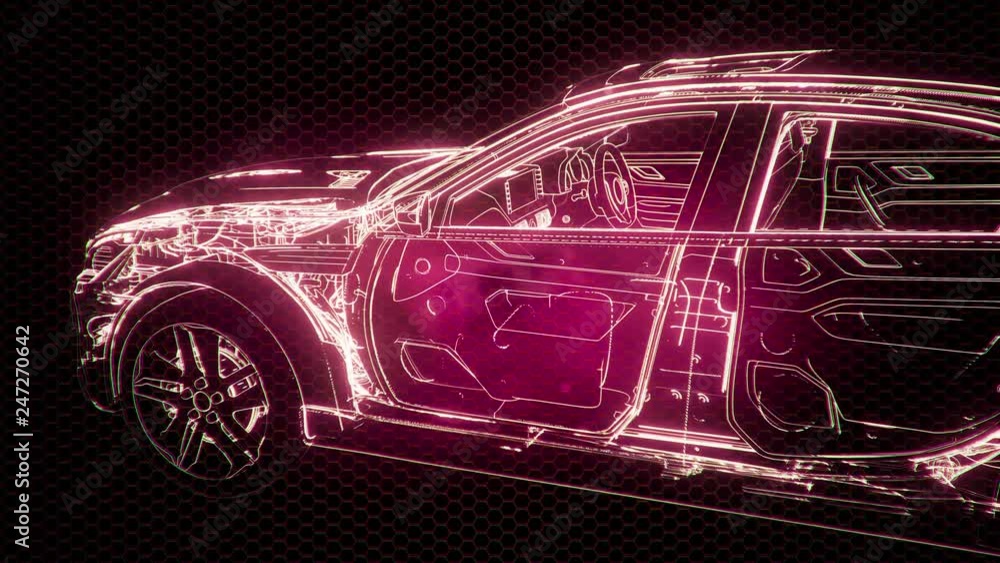 Holographic animation of 3D wireframe car model with engine and otter technical parts Holographic animation of 3D wireframe car model with engine and otter technical parts