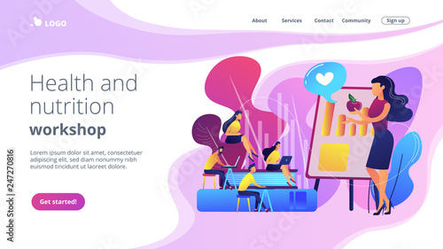 Food specialist talking about healthy eating habits. Health and nutrition workshop, eating habits correction, preventive children care concept. Website vibrant violet landing web page template.