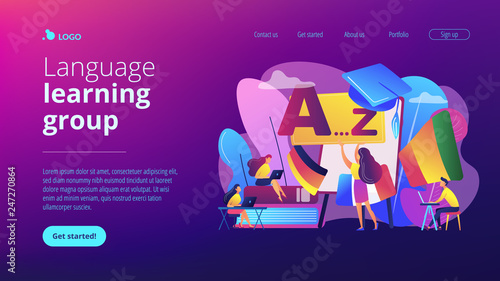 Students practicing dynamic foreign language learning at workshop. Foreign language workshop, language learning group, native speaker course concept. Website vibrant violet landing web page template.