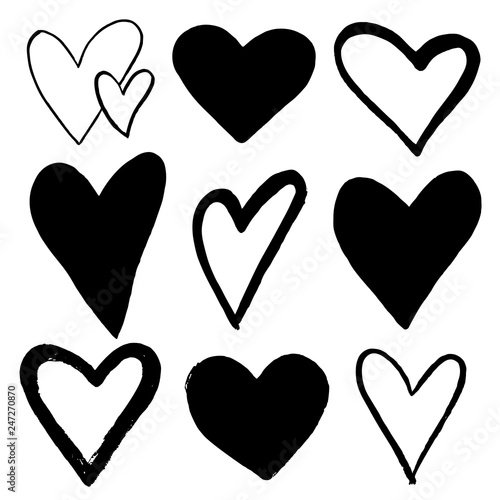 Set of Black hand drawn hearts on white background. Design element for Valentine s day.