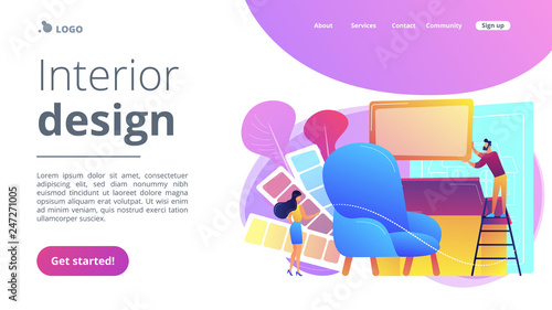 Designers with color palette designing interior decorations. Interior design, house decoration service, interior design studio concept. Website vibrant violet landing web page template.