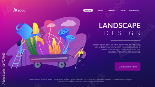 Landscape designer and gardener watering decorative plants on cart with water can. Landscape design, landscape planning, gardening services concept. Website vibrant violet landing web page template.