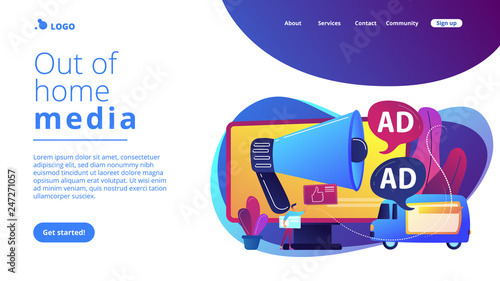 Marketer with outdoor advertisements from loudspeaker and on the van. Outdoor advertising design, out of home media, outdoor advertising concept. Website vibrant violet landing web page template.