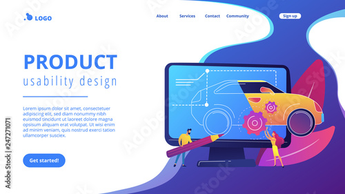 Industrial designers at computer drawing blueprint of modern car. Industrial design, product usability design, ergonomics development concept. Website vibrant violet landing web page template.