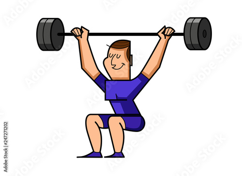young man squats with a barbell, vector illustration