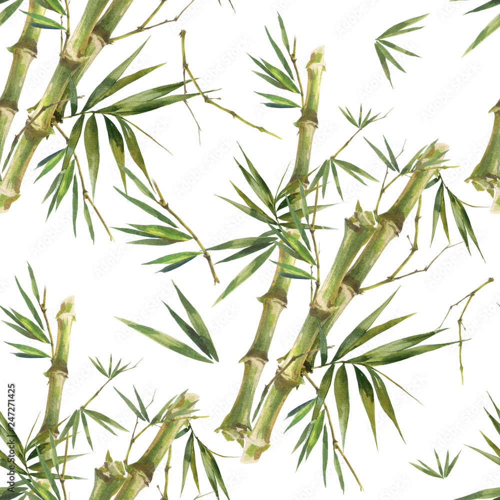 Watercolor illustration of bamboo leaves , seamless pattern on white background Watercolor illustration of bamboo leaves , seamless pattern on white background