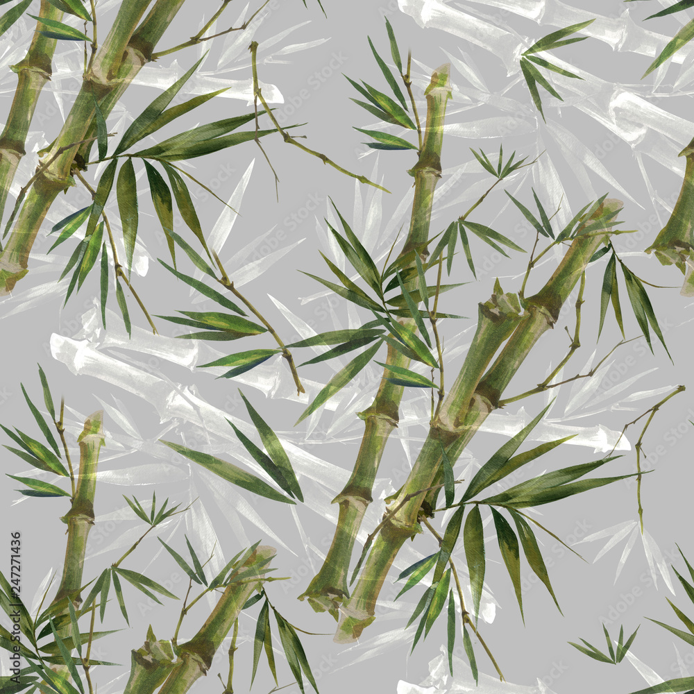 Fototapeta premium Watercolor illustration of bamboo leaves , seamless pattern on gray background