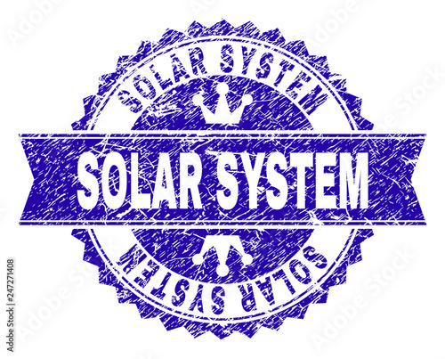 SOLAR SYSTEM rosette seal watermark with grunge texture. Designed with round rosette, ribbon and small crowns. Blue vector rubber watermark of SOLAR SYSTEM tag with dirty texture.