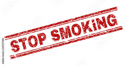 STOP SMOKING seal stamp with grunge texture. Red vector rubber print of STOP SMOKING text with grunge texture. Text title is placed between double parallel lines.