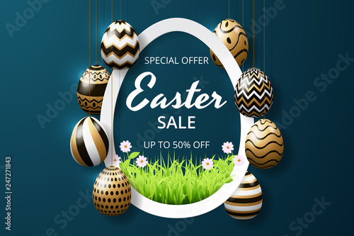 Happy easter sale background template with realistic golden shine decorated eggs and grass. greeting card, ad, promotion, poster, flyer, web-banner, article. Vector illustration