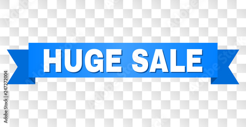 HUGE SALE text on a ribbon. Designed with white caption and blue stripe. Vector banner with HUGE SALE tag on a transparent background.