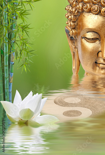 composition zen avec Bouddha, fleur de lotus et bambous.