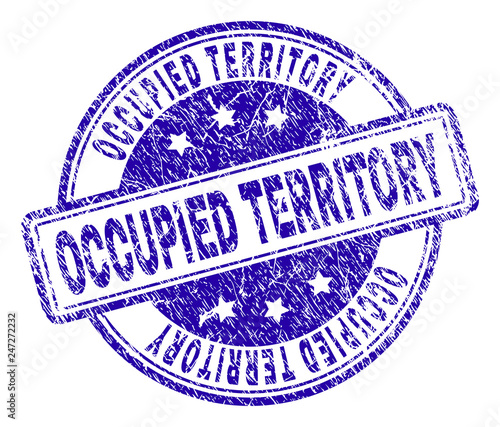 OCCUPIED TERRITORY stamp seal imprint with grunge style. Designed with rounded rectangles and circles. Blue vector rubber print of OCCUPIED TERRITORY caption with grunge texture.