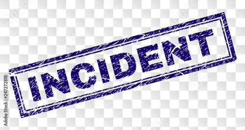 INCIDENT stamp seal print with rubber print style and double framed rectangle shape. Stamp is placed on a transparent background. Blue vector rubber print of INCIDENT text with dirty texture.